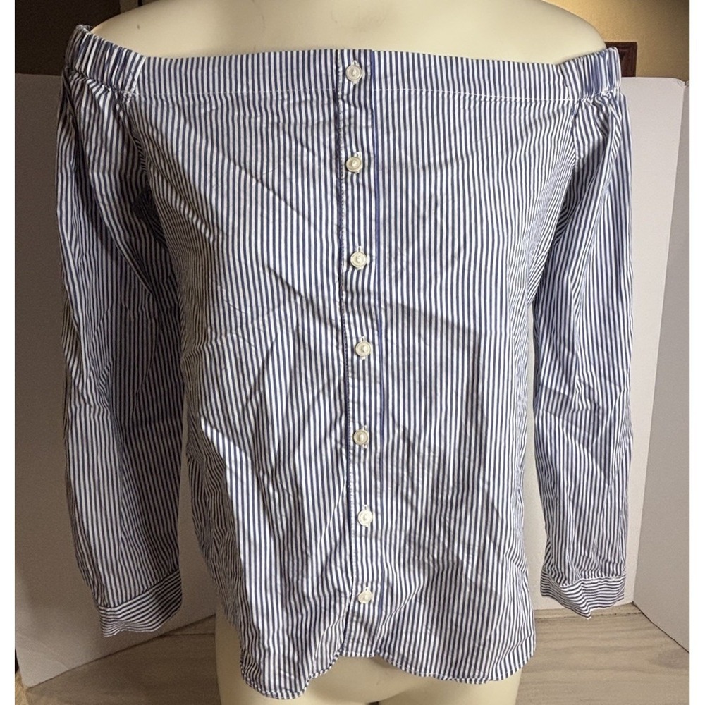 Bar III Womens M‎ Blue White Striped Off Shoulder Seersucker Blouse Stretch Top